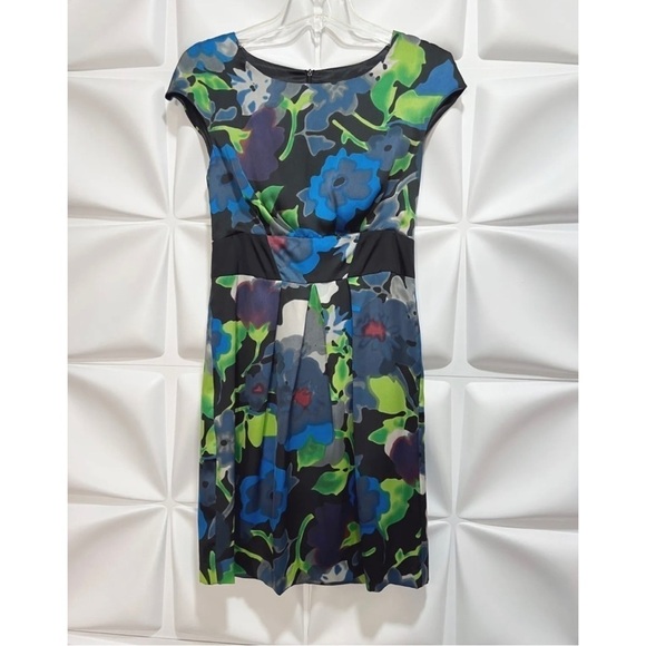 Mac & Jac Sz S Black Blue Floral Print Spring Easter Silky Pleated Dress Summer - Picture 6 of 6